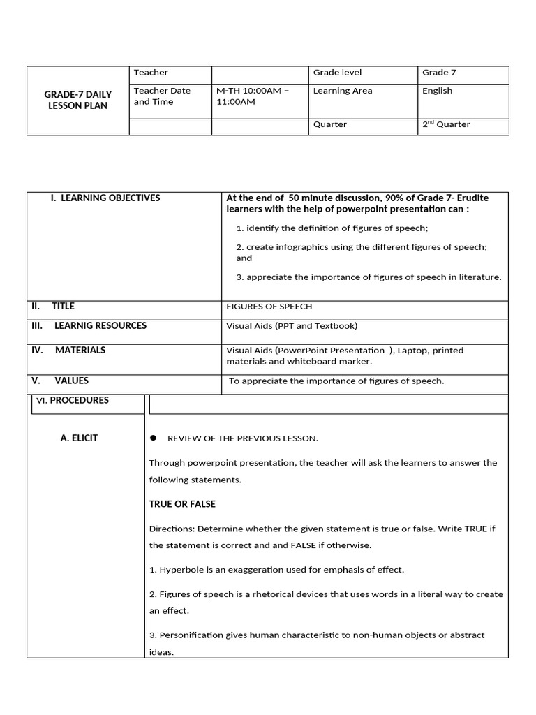 Grade 7 Figures of Speech Lesson Plan | PDF | Metaphor | Lesson Plan