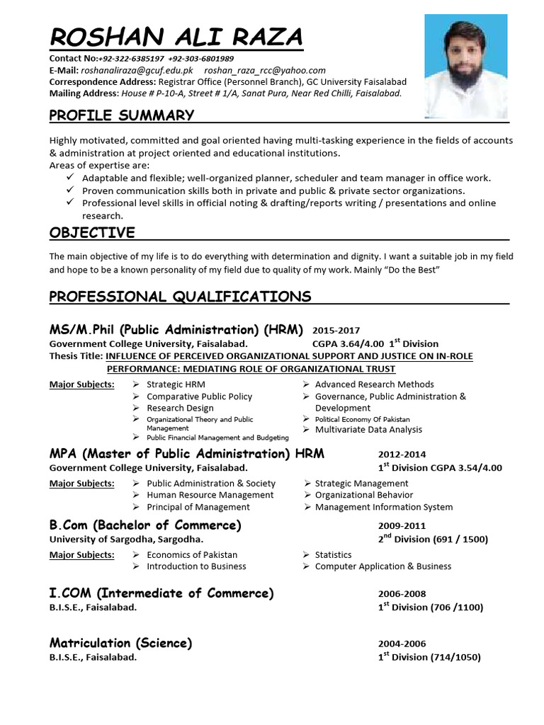 Roshan Ali Raza - Professional Profile | PDF | Public Administration