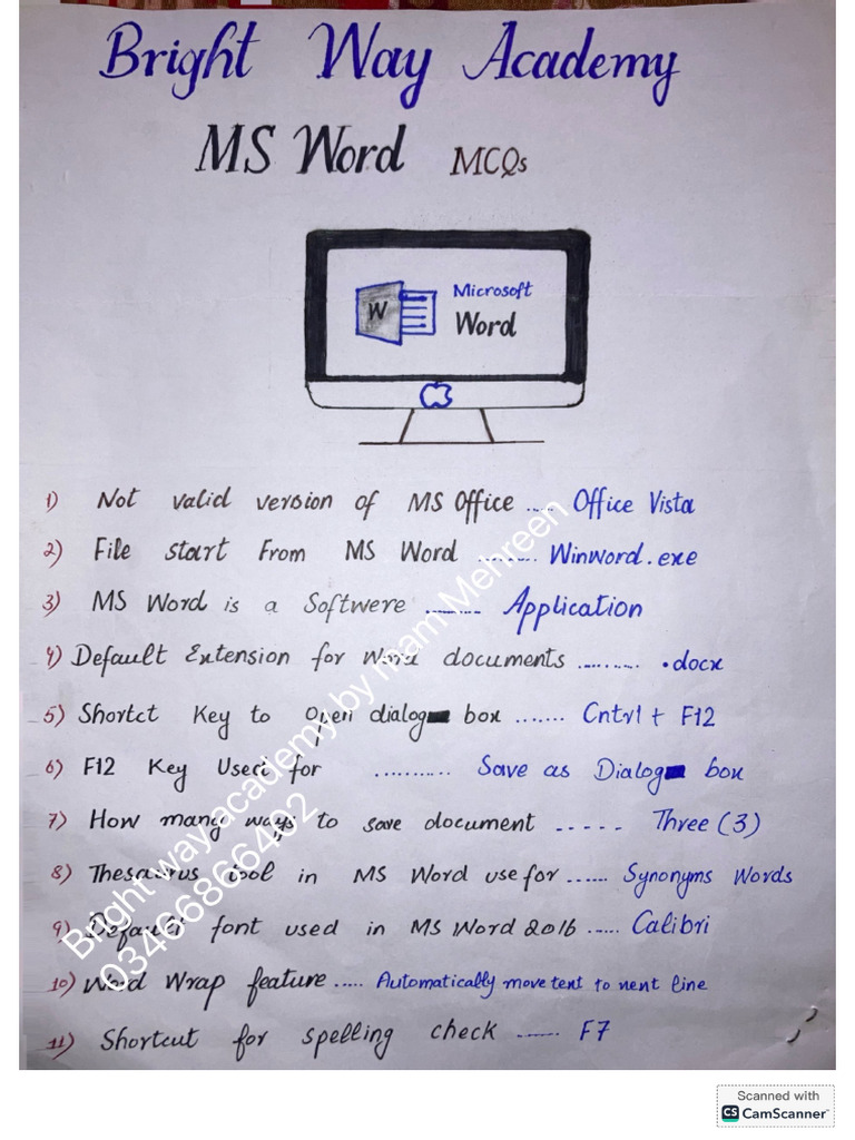 MS Word Hand Written Mcqs | PDF
