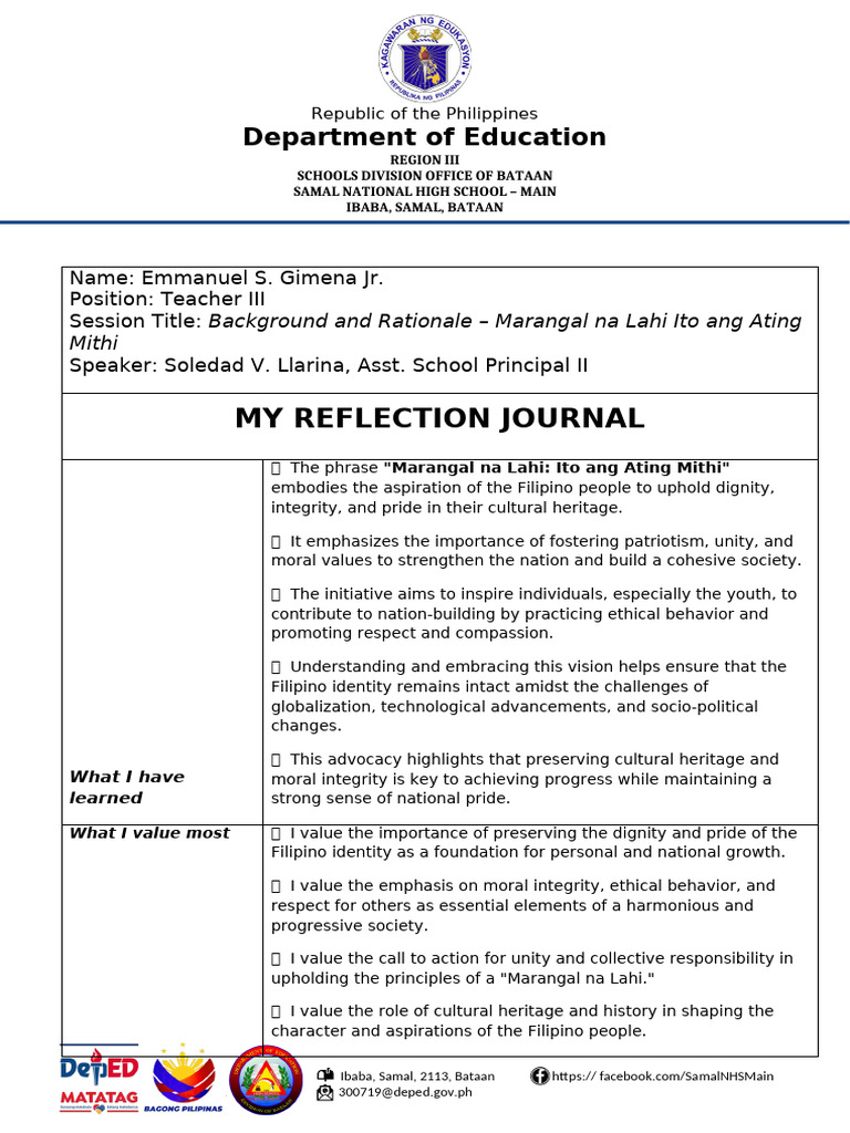 Reflection on Filipino Identity and Education | PDF | Psychological ...