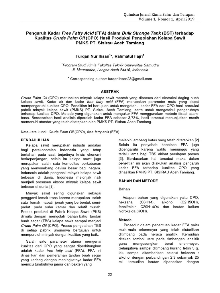 Pengaruh Kadar Free Fatty Acid FFA Dalam | PDF