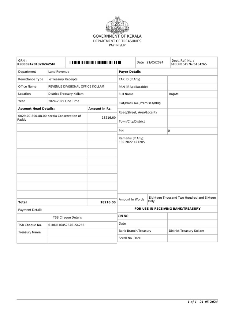 Kerala Treasury Pay In Slip 2024 | PDF | Taxation | Economies