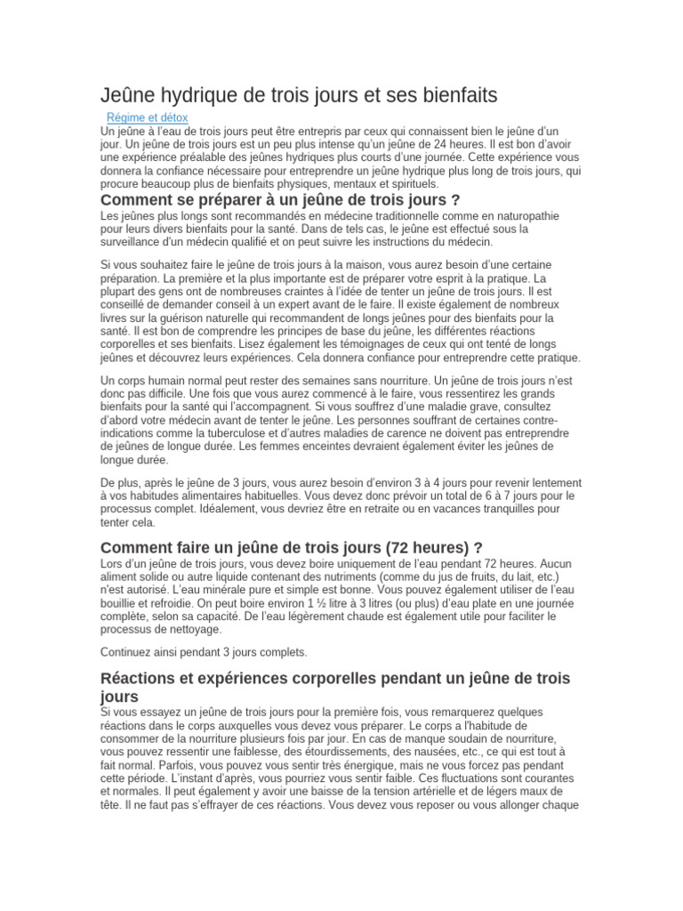 Jeûne hydrique de trois jours Guide complet PDF Jeûne Faim — free download