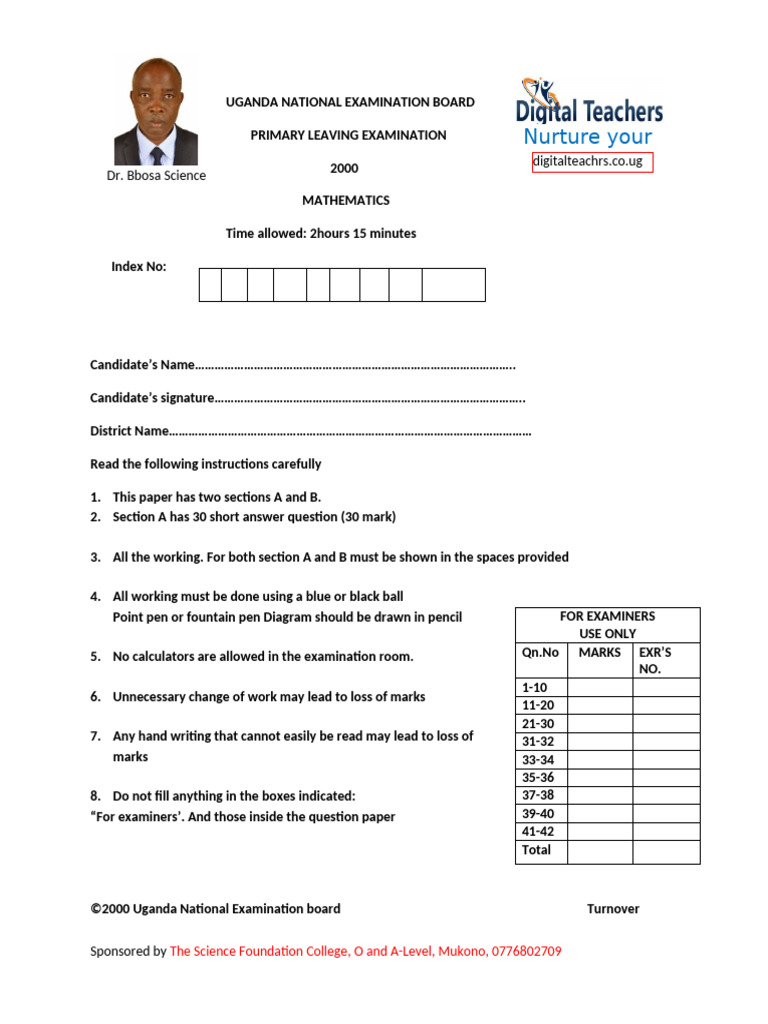 PLE 2000 Mathematics Past Paper | PDF | Mathematics