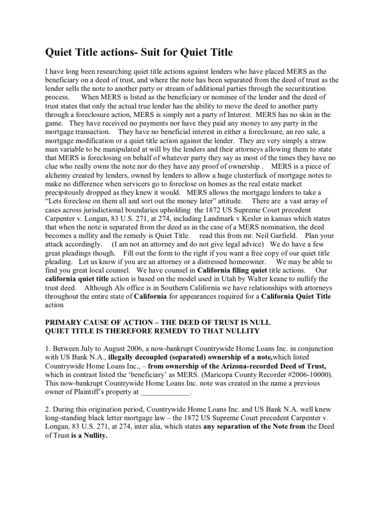 Quiet Title Actions Suit for Quiet Title Foreclosure Loans