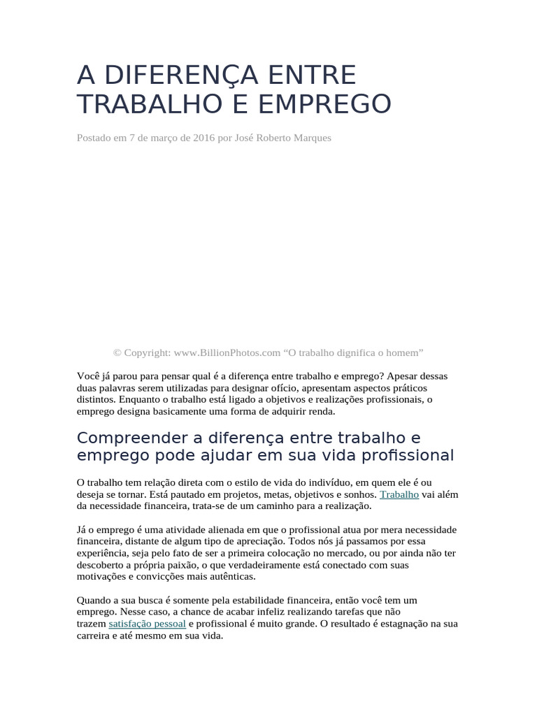A Diferença Entre Trabalho e Emprego | PDF | Emprego | Vida