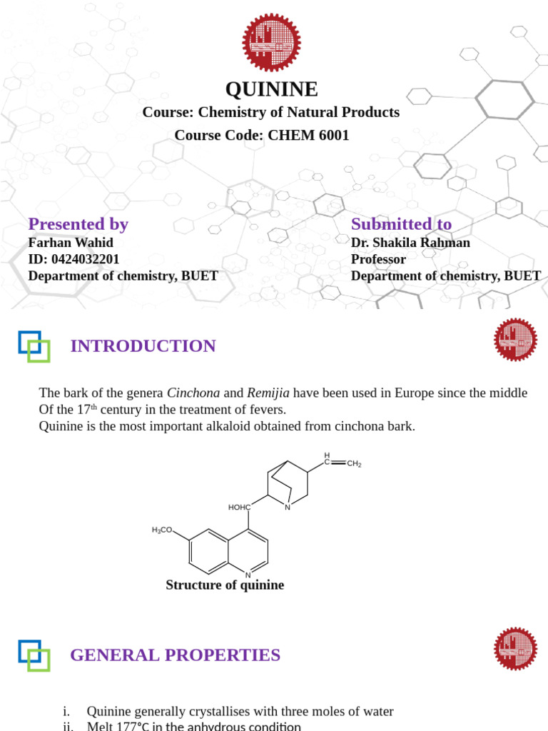Quinine: Structure and Properties | PDF | Carboxylic Acid | Acid