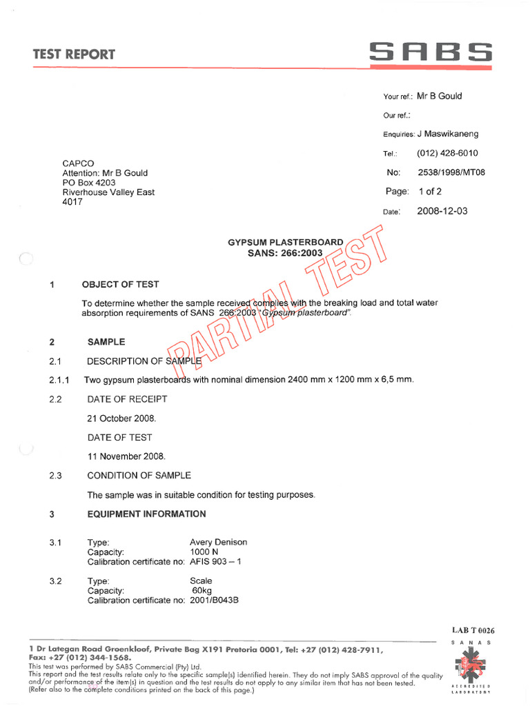 CAPCO PLASTERBOARD 6.5mm TEST REPORT | PDF