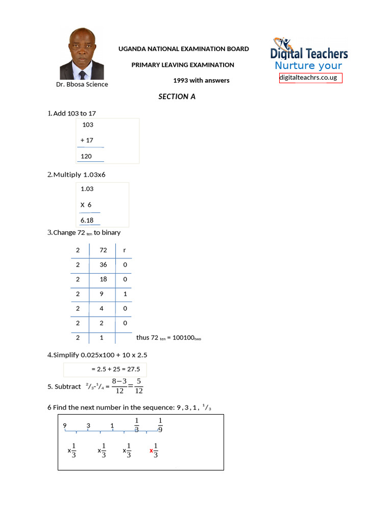 1993 Primary Leaving Exam Solutions | PDF | Mathematics | Elementary ...