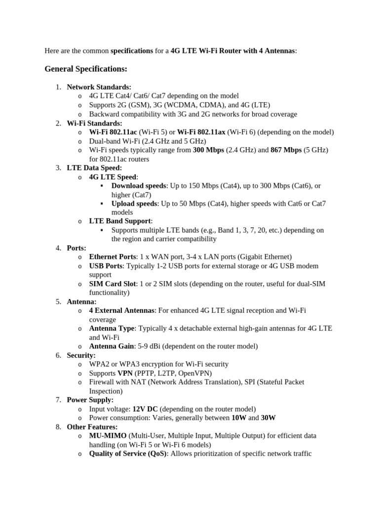 4G LTE Router Specs Overview | PDF | Wi Fi | 4 G