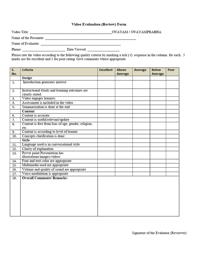 Video Review Form | PDF