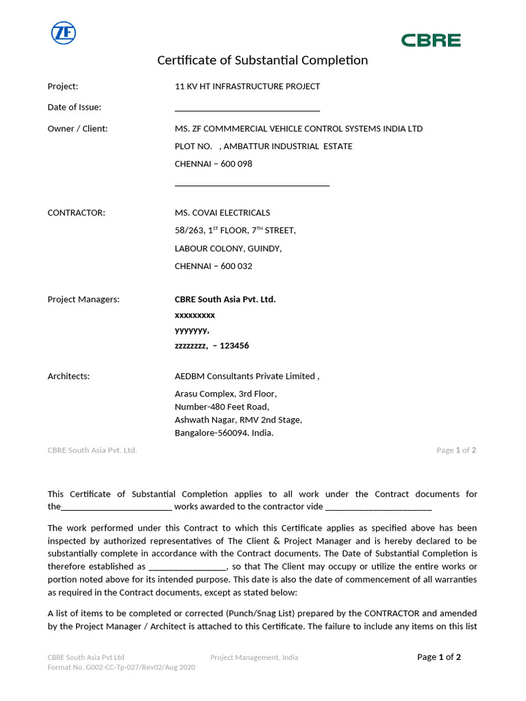 G002-Compltn Cert Substan Template | PDF | Private Law