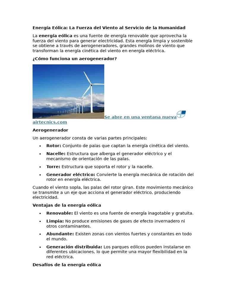 Funcionamiento y Ventajas de Aerogeneradores | PDF | Energía eólica ...