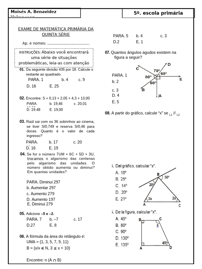 Exame de Matemática Do Quinto Ano Do Ensino Fundamental | PDF