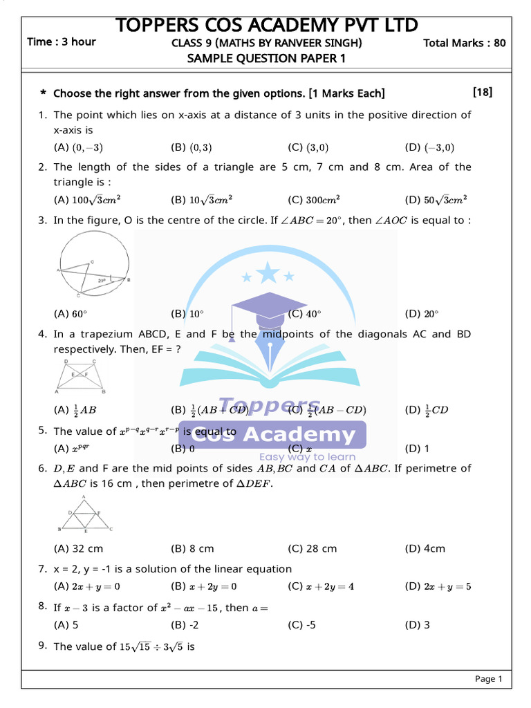 Class 9 Maths Sample Question Paper | PDF | Area | Circle