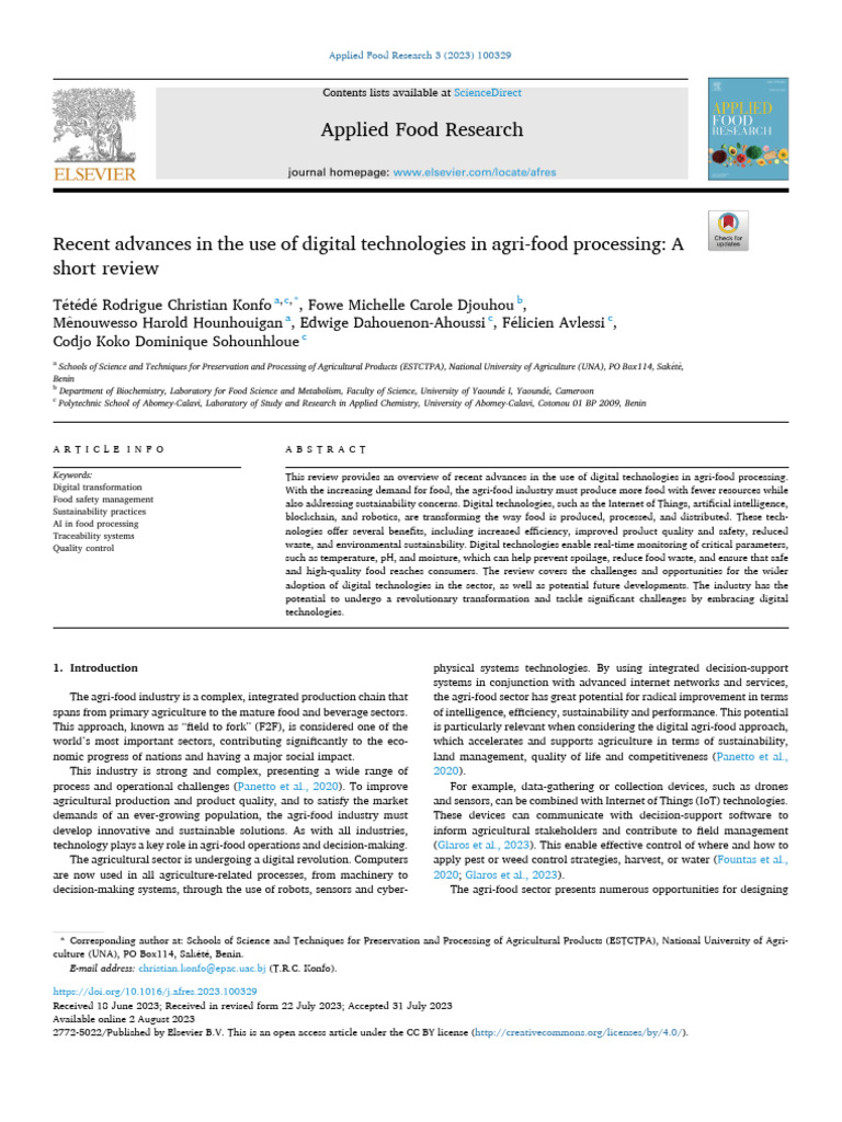 Recent Advances in The Use of Digital Technologies in Agri Food ...