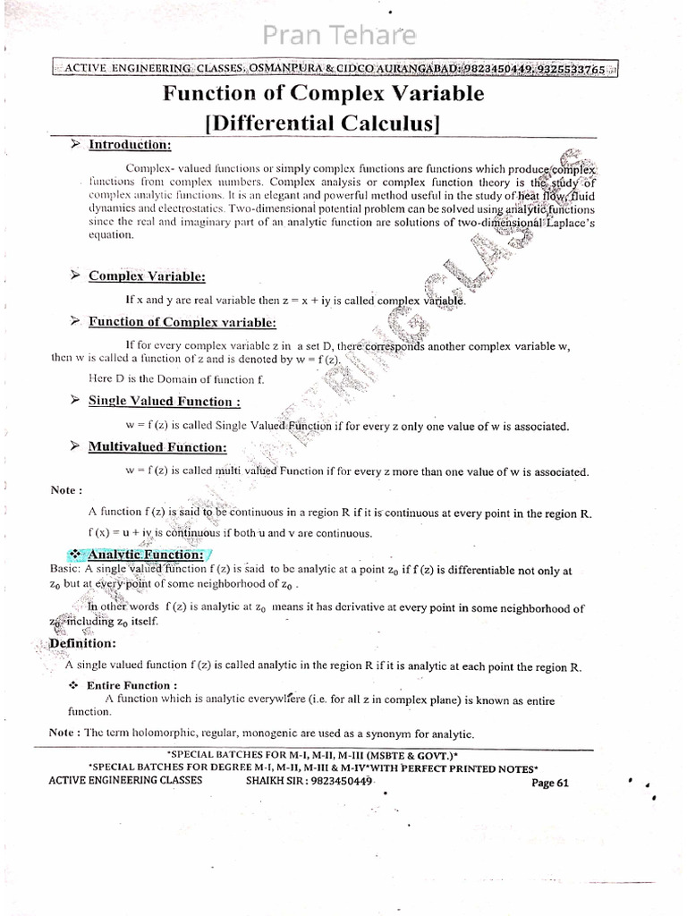 Functions of Complex Variables UNIT 5 (Pran Tehare) Tution Notes | PDF