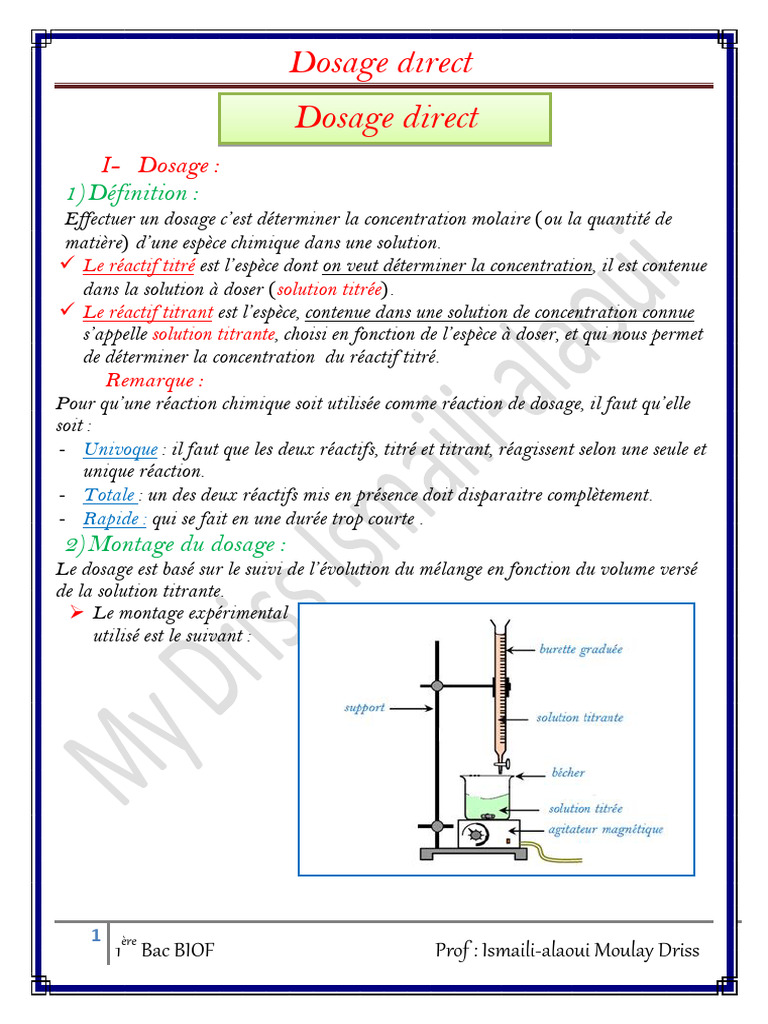 Dosage direct en chimie 1ère Bac | PDF | Titrage | Chimie