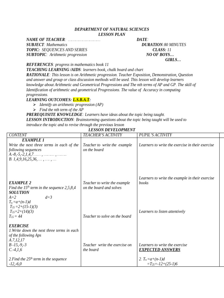 Arithmetic Progression Lesson Plan | PDF | Lesson Plan | Education Theory