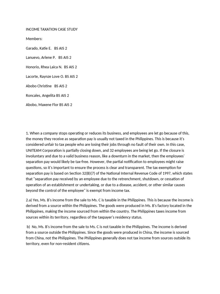 Income Taxation Case Study Analysis | PDF | Taxes | Tax Exemption
