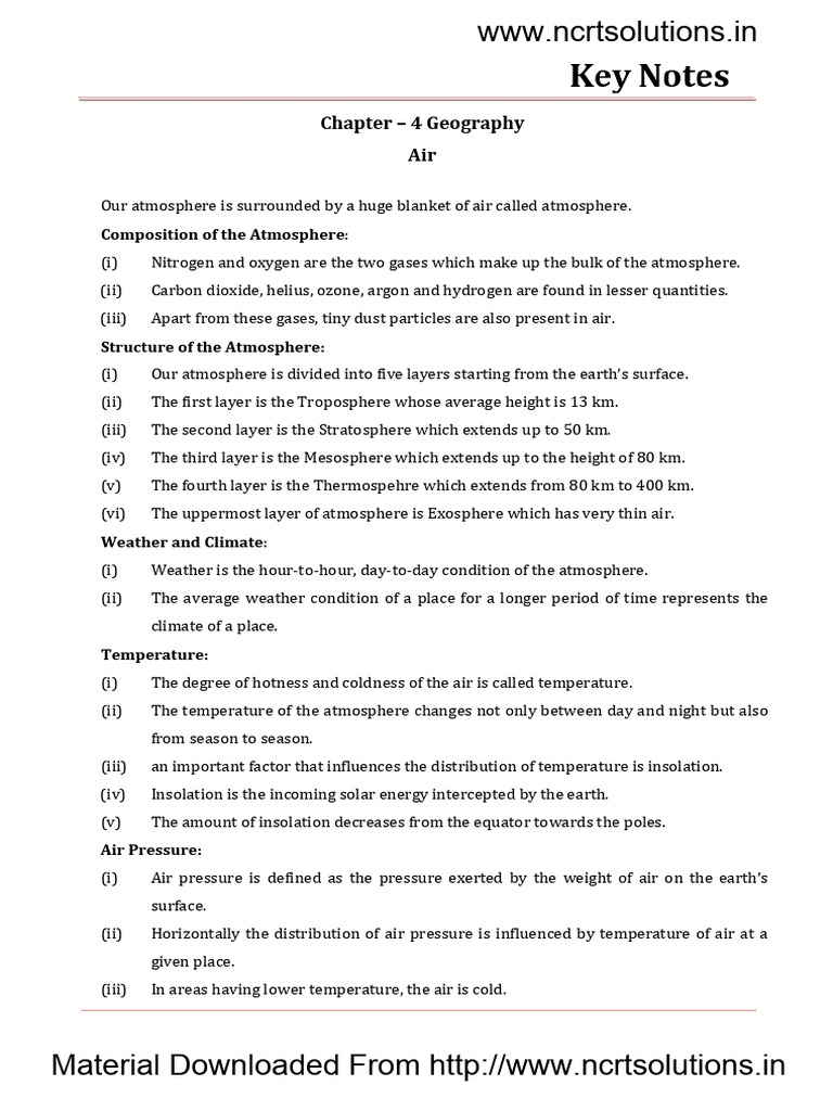 07 Social Science Geography Key Notes Ch04 Air | PDF | Atmosphere Of ...