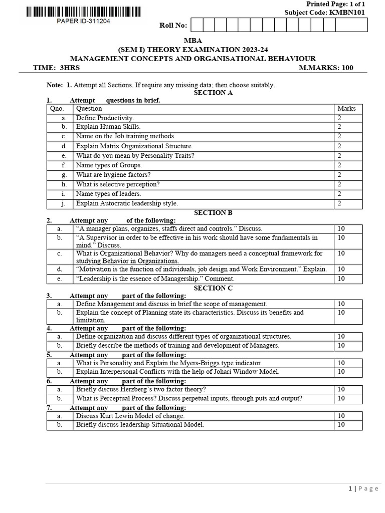 AKTU MBA 1st Sem Question Paper 2023-24 | PDF | Organizational Behavior ...