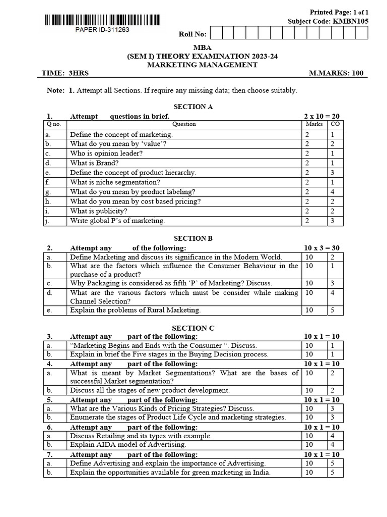 MBA Marketing Management Exam Paper 2024 | PDF | Marketing | Market ...