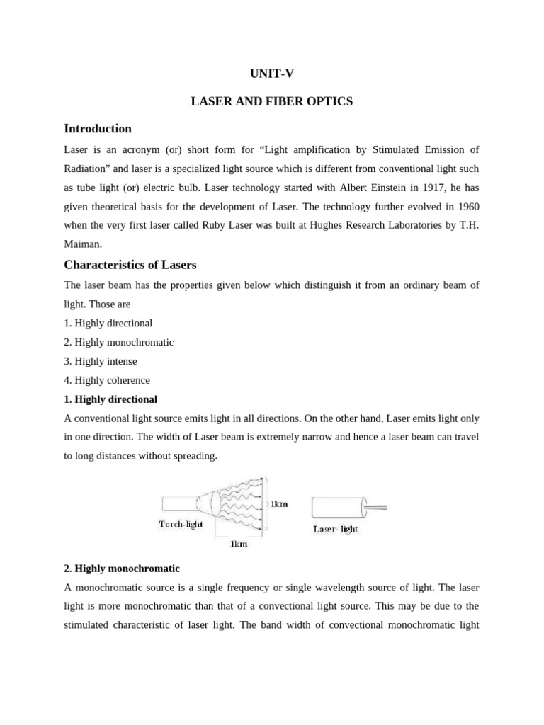 Unit-V Laser and Fiber Optics: 1. Highly Directional | PDF | Laser ...