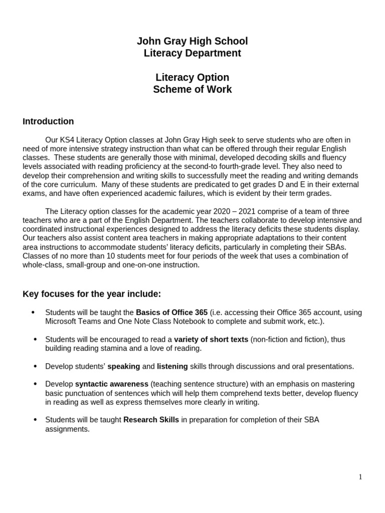 Literacy Option Scheme of Work 2020 - 2021 | PDF | Reading ...