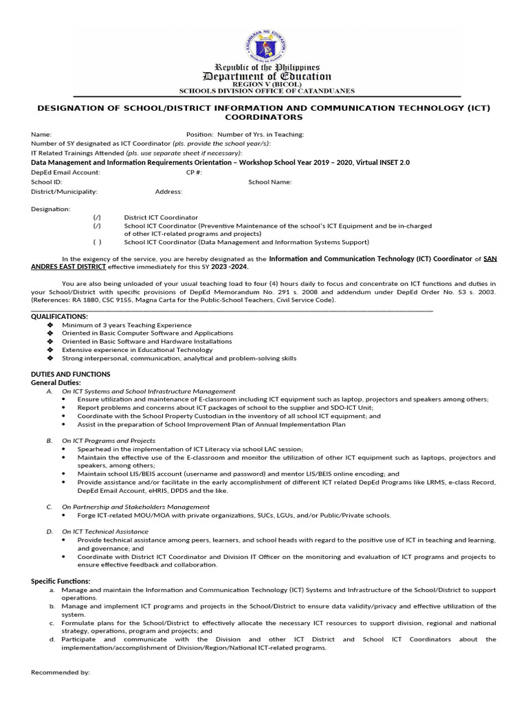 ICT Coordinator Designation Form 2023-2024 | PDF | Information And ...