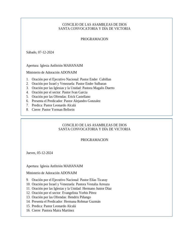 Programa Concilio Asambleas de Dios 2024 | PDF