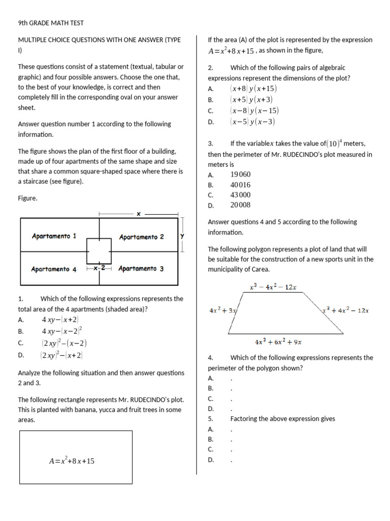 Mathematics Test Grade 9 | PDF | Area | Multiple Choice