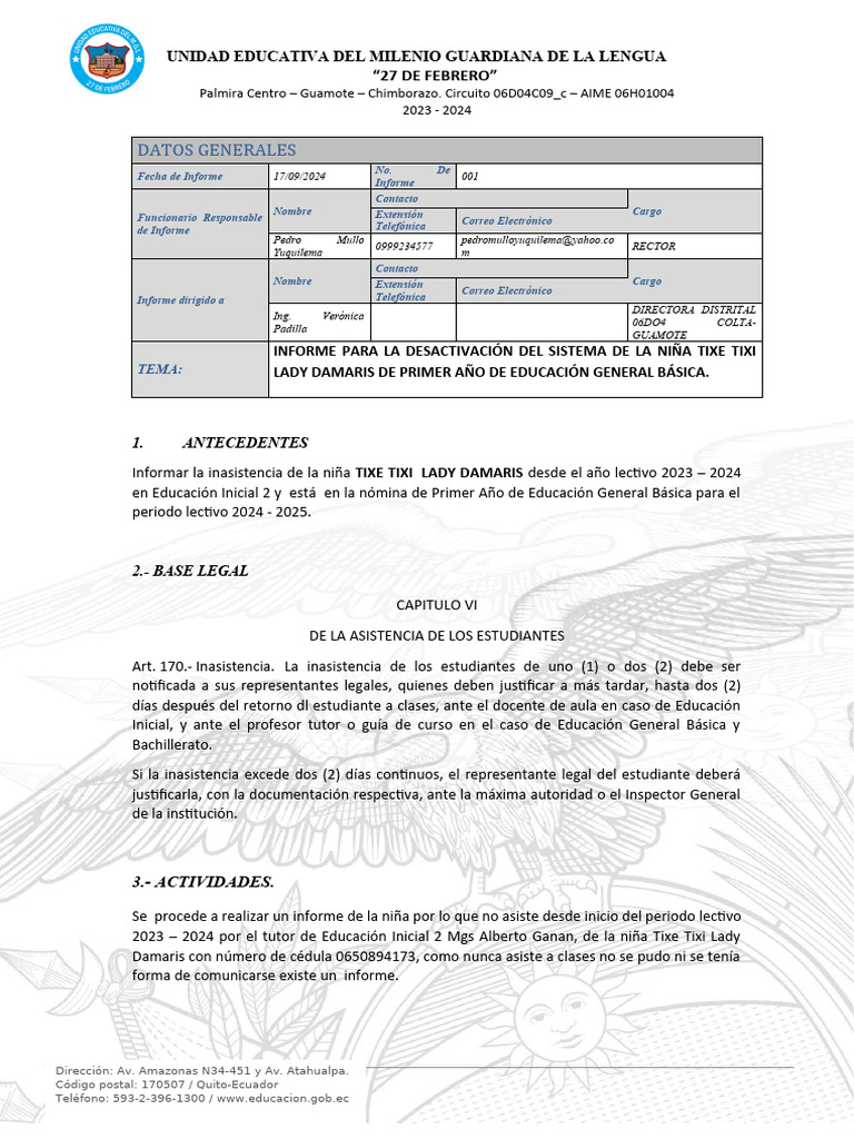 Informe de Inasistencia Escolar 2023-2024 | PDF