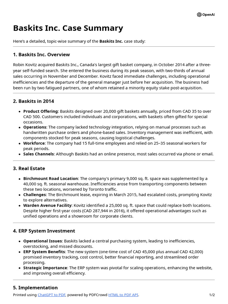 Baskits Inc. Case Summary | PDF | Enterprise Resource Planning | Business