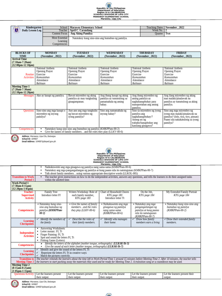 Kindergarten Daily Lesson Log: Family Roles | PDF | Question | Teachers