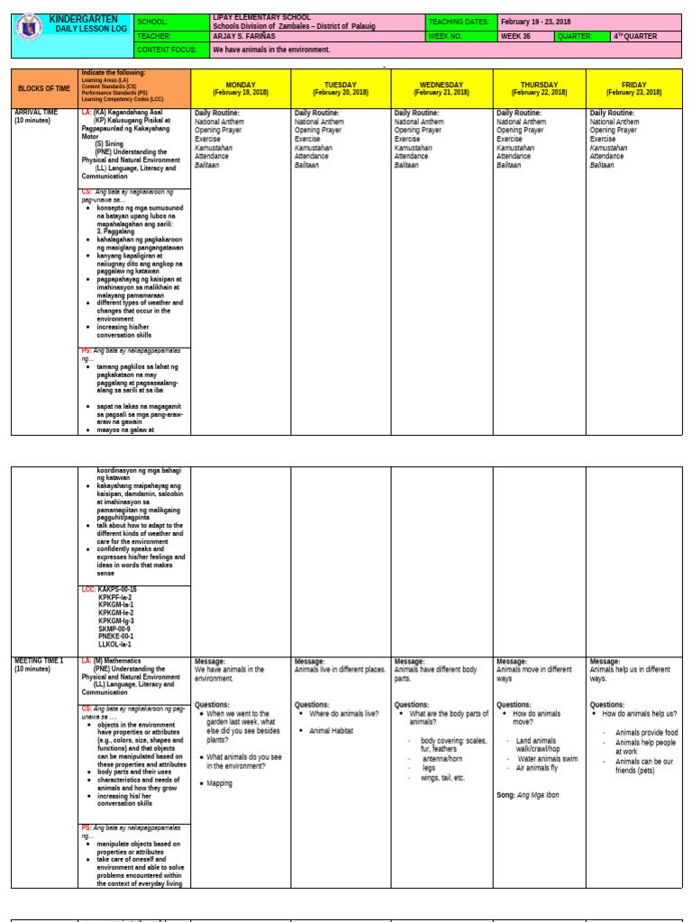 Kindergarten Lesson Plan: Animals | PDF | Learning