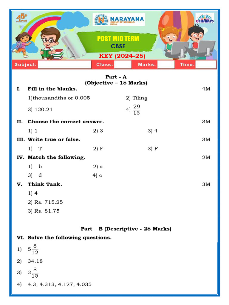 Grade-4 - MATH - POST MID TERM - MAIN PAPER - KEY - PAN INDIA | PDF ...