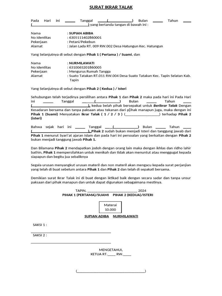 Contoh Surat Ikrar Talak 2024 | PDF
