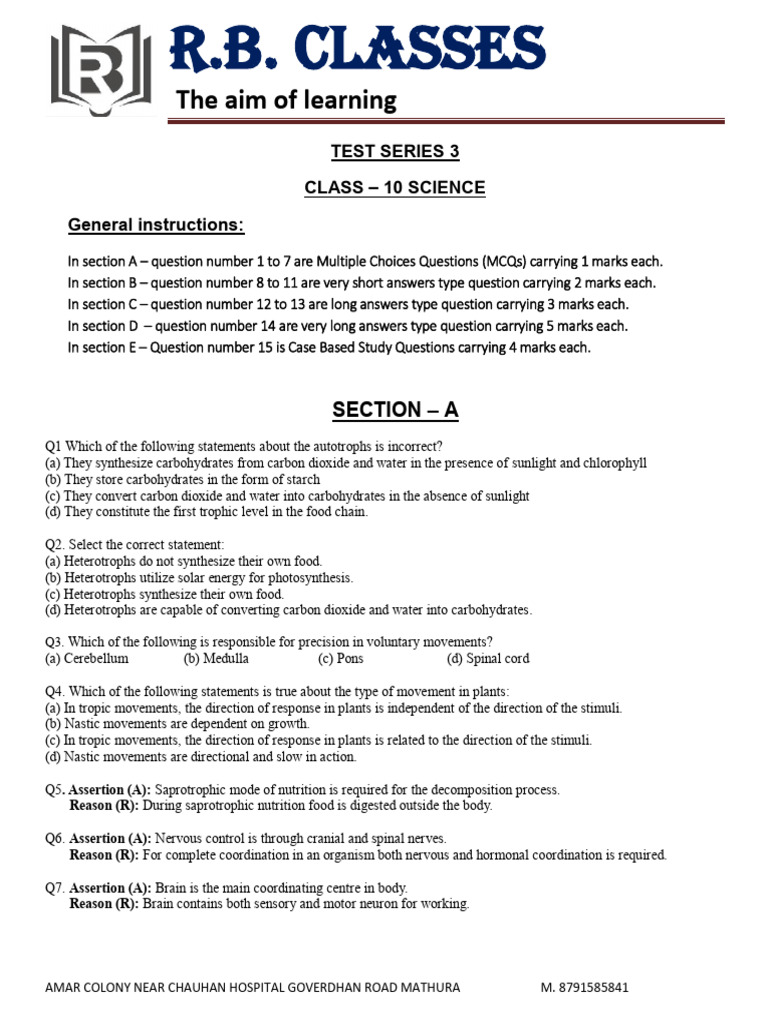 Test Series 3 Science Pdf Biology Anatomy