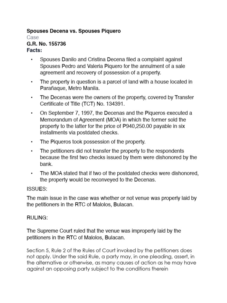 Venue Dispute in Decena vs. Piquero Case | PDF | Complaint | Private Law