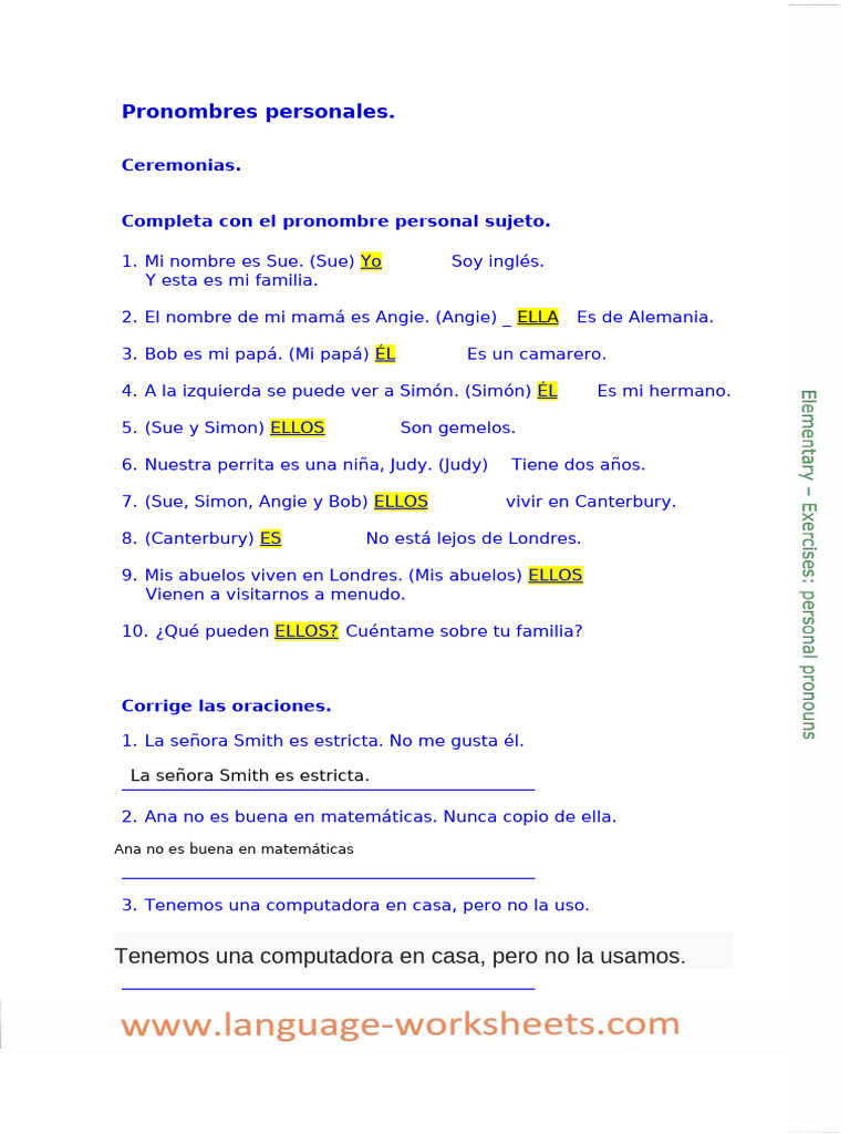 Ejercicios de Pronombres Personales | PDF