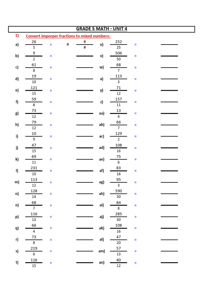Grade 5 Math: Improper Fractions Guide | PDF | Mathematical Notation ...