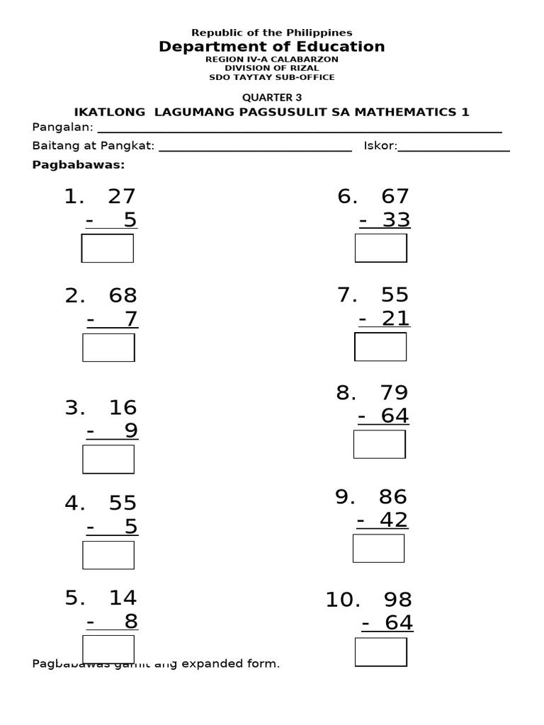 Q3 3rd Summative Test In Math 1 Pdf Subtraction Mathematics