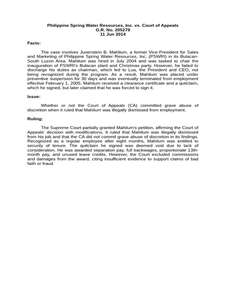 2. Philippine Spring Water Resources v. Mahilum, June 11, 2014 | PDF