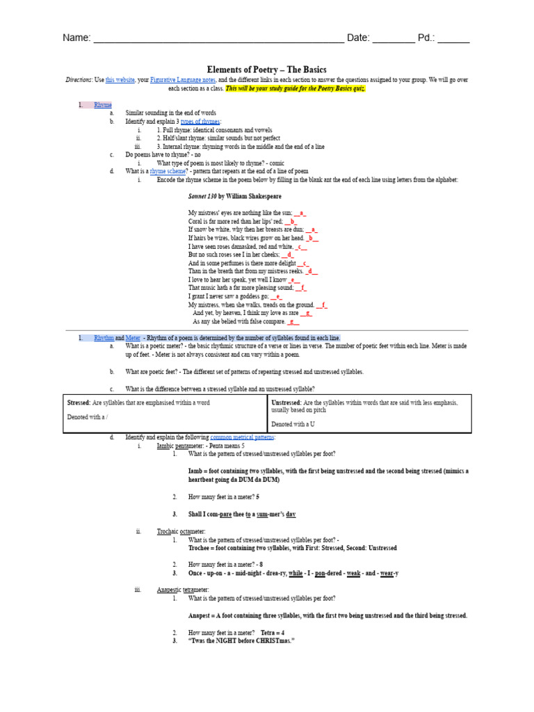 Elements of Poetry Study Guide | PDF | Metre (Poetry) | Poetry