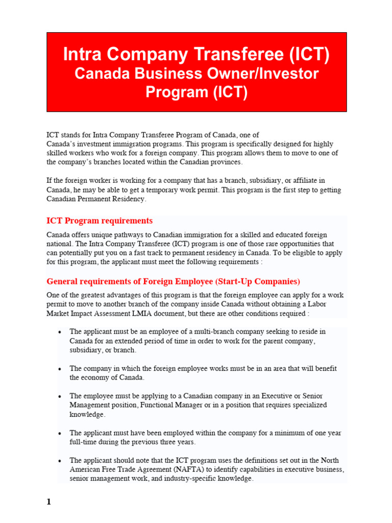 Canada Intra Company Transferee Program Guide | PDF | Employment ...