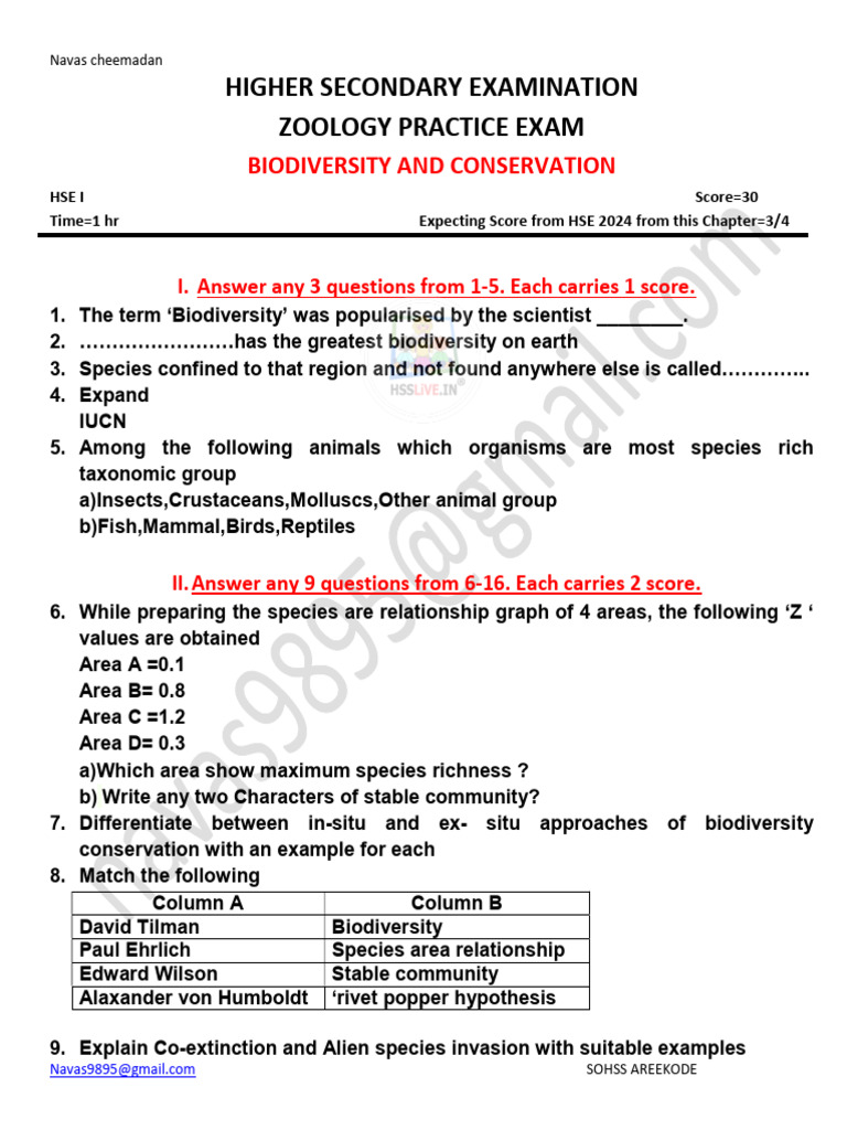 Biodviersty and Conservation.. QUESTIONS | PDF | Biodiversity ...