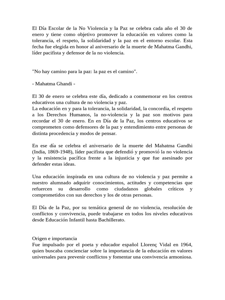 El Día Escolar de La No Violencia y La Paz Se Celebra Cada Año El 30 de ...