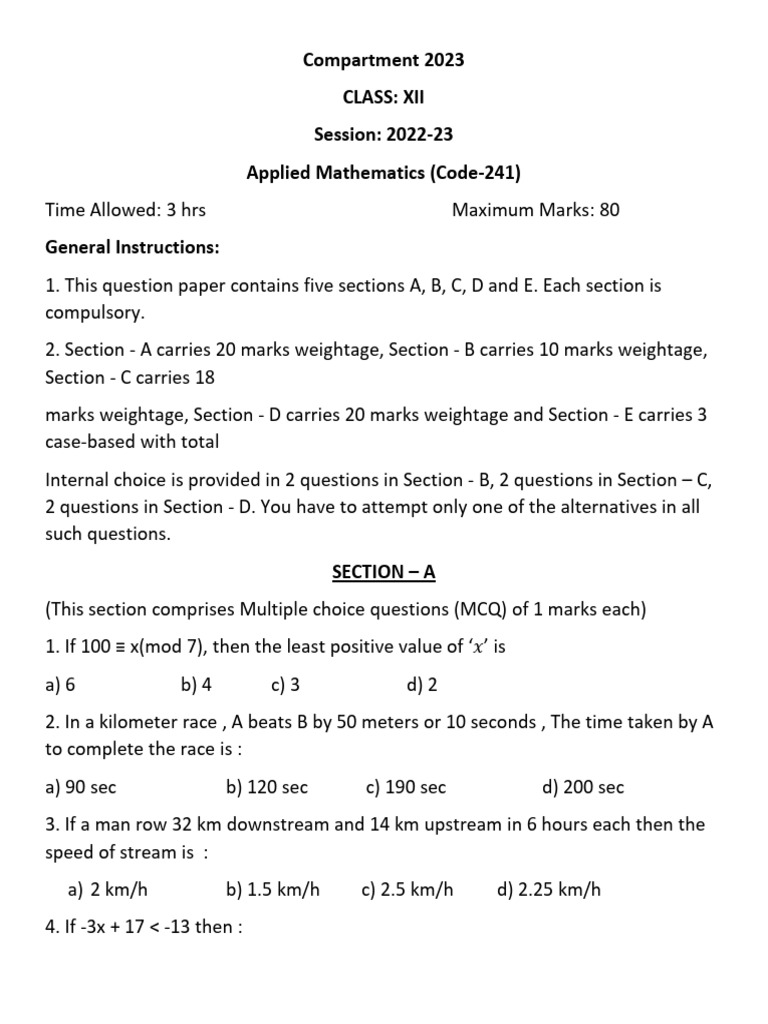 Comptt Question Paper 2023 With Solution | PDF | Interest | Matrix ...