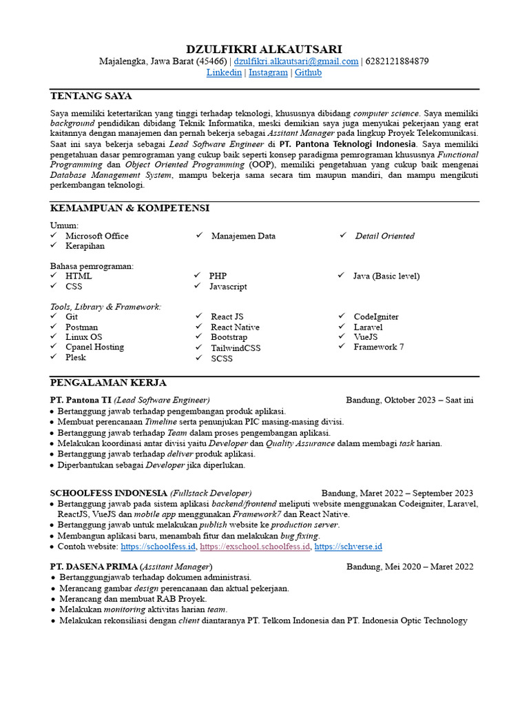 Contoh CV Software Engineer Terbaik | PDF